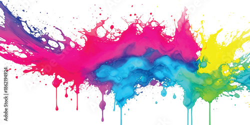 Vibrant Rainbow Paint Splatter Abstract Background with Cyan, Magenta, Yellow, Purple, and Green Ink Explosion, Dynamic Drips and Fluid Motion for Modern Graphic Design, Branding, Posters, 