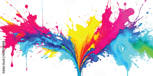 Vibrant Rainbow Paint Splatter Abstract Background with Cyan, Magenta, Yellow, Purple, and Green Ink Explosion, Dynamic Drips and Fluid Motion for Modern Graphic Design, Branding, Posters, 