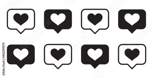 Social media notification icons set of hearts in speech bubbles
