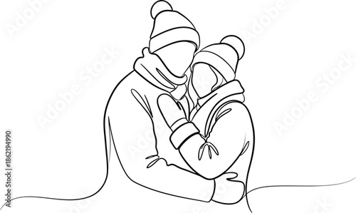 Minimalist continuous line drawing depicts a cozy couple embracing warmly while bundled up in winter hats and thick scarves against a white backdrop.