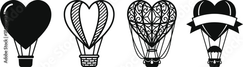 Heart-shaped hot air balloon floating in blue sky vector illustration