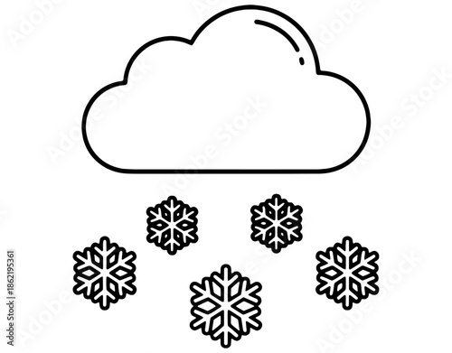 Minimalist Snowing Cloud Icon Illustration. Simple Weather Outline with Snowflakes for Nature, Forecast, Winter, and Seasonal Concept Design. Black Line Art Vector Illustration.
