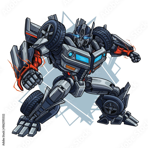 Multi-stage transformation from robot to armored vehicle with mechanical details and motion lines, suitable for comic strips, video game cutscenes, and dynamic ads.