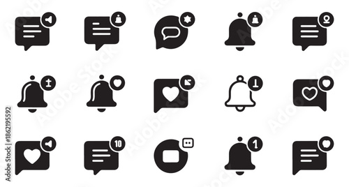 Set of various notification alert icons for messages likes and ringing bells with different symbols