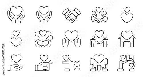 Set of thin line icons representing charity support care love and community relationship concepts