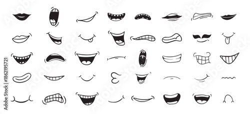 Cartoon mouth happy, smile, sad, angry expression doodle set. Hand drawn mouth, tongue caricature icon. Funny comic mouth collection 