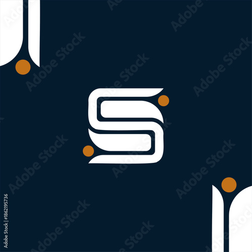 Luxury abstract monogram of the letter 'S' featuring fluid lines and gold dot accents on a dark navy blue background, suitable for premium branding.