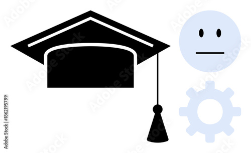 Education, e-learning, technology, automation, decision-making, knowledge development. Image of a graduation cap, abstract neutral face and gear. Education and technology concept ion
