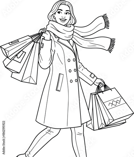 Stylish young woman dressed warmly in a long coat and flowing scarf carrying multiple shopping bags after a successful retail excursion