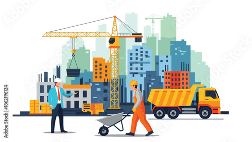 Construction site with workers and equipment in modern cityscape