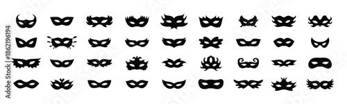 Carnival masks silhouettes icon set. Simple black icons masquerade mask, for party, parad, carnival, Halloween. Mask elements isolated sign, symbol