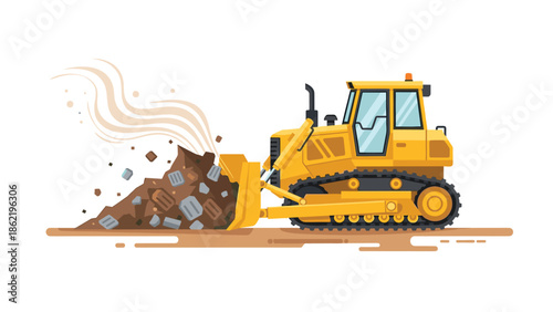 Yellow bulldozer pushing dirt and debris on construction site
