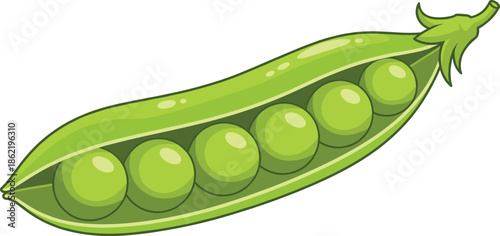 Green pea pod cartoon illustration, fresh vegetable clipart, healthy food icon, botanical drawing, nutrition concept, flat vector illustration