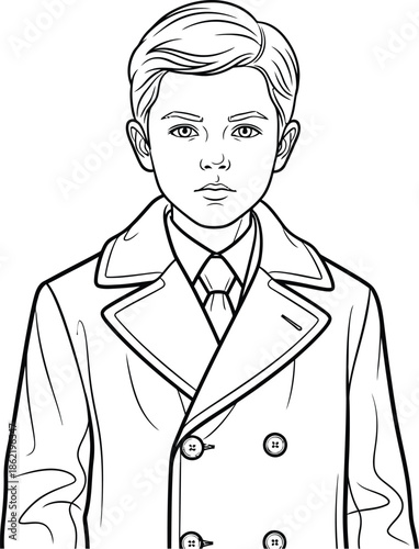 Serious young boy wearing a collared shirt and double-breasted trench coat design suitable for coloring or stylized illustration projects.