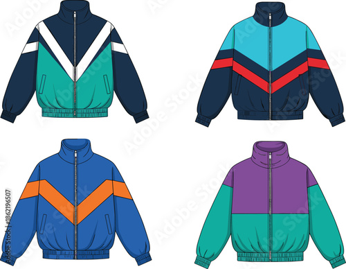 Zip-up jacket colorway grid illustration, chevron stripe fashion design, outerwear variation set, flat vector apparel template