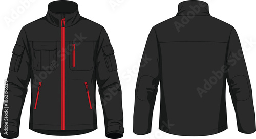Black tactical jacket front and back view, red zipper design, outdoor gear sketch, utility fashion template, flat vector illustration