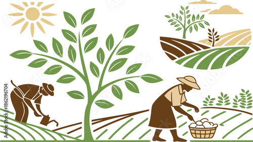 A man and woman farmer with their dog and wife stand in a green summer nature landscape with trees and bamboo illustration featuring floral leaf and grass design elements