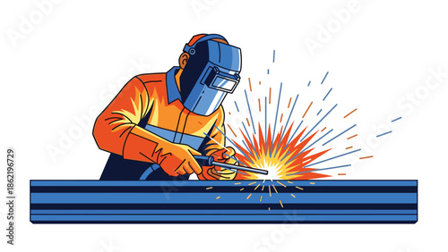Welder working diligently at industrial job site with sparks flying