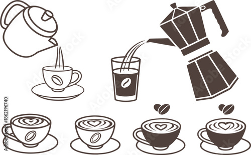 Set of coffee cups and coffee icons featuring vector espresso mugs and cafe beverage symbols in a brown flat design illustration for hot breakfast drinks