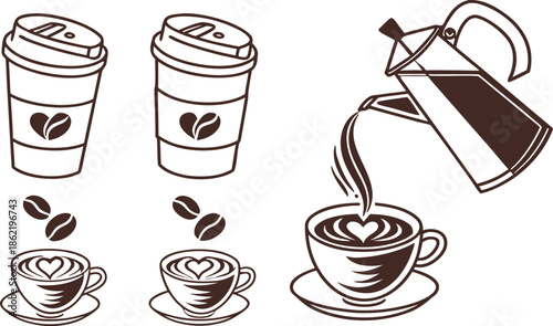 Vector illustration set of coffee cup icons featuring brown caffeine mugs with hot steam for espresso and cappuccino beverage design in a cafe