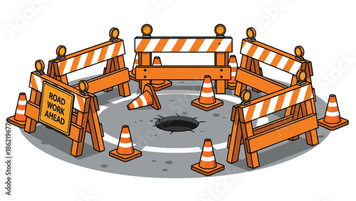 Road work ahead with barricades and cones blocking street