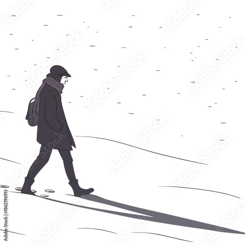 Man in dark clothing walking through snowy landscape with backpack