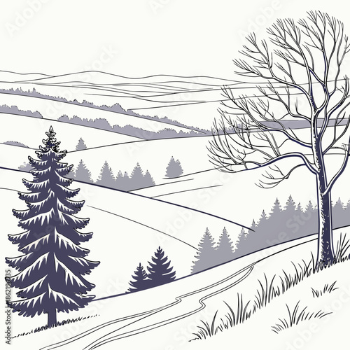 Snow valley scene from hilltop with trees and rolling hills