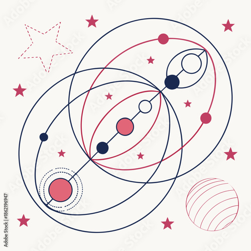 Abstract orbital pattern with red and blue lines and stars