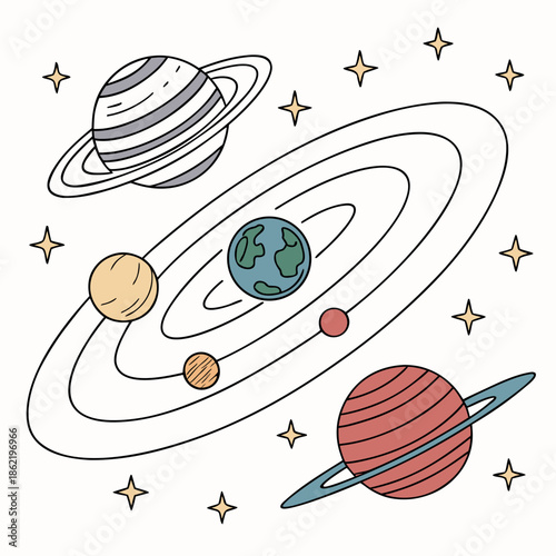 Colorful planetary system with planets and rings on white background