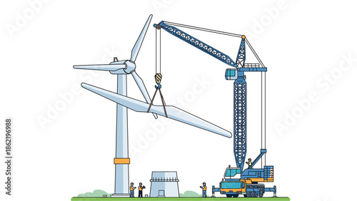 Wind turbine installation with crane and workers on site