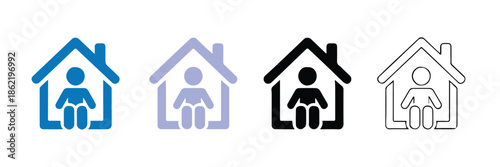 home outline and solid person in house icons for health and safety