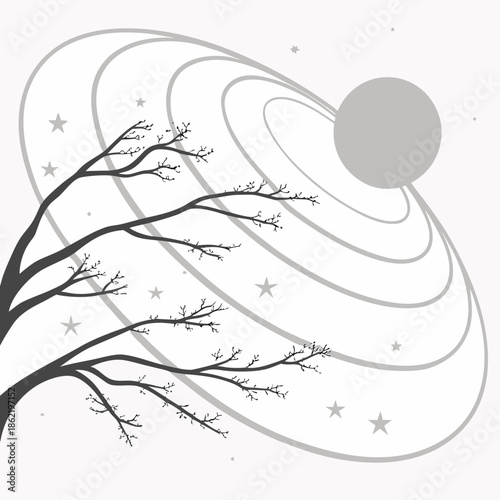 Gray planet with rings and stars behind bare tree branches