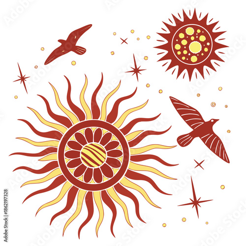 Red and yellow suns with birds and stars sunspot