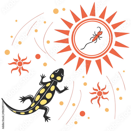 Lizard looking up at sun with solar flares and sunspots