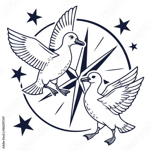Twin birds on compass with stars circular rotating