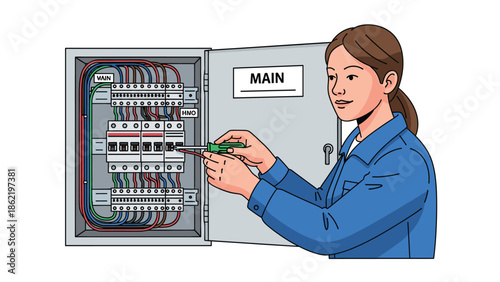 Female electrician working on electrical panel with screwdriver