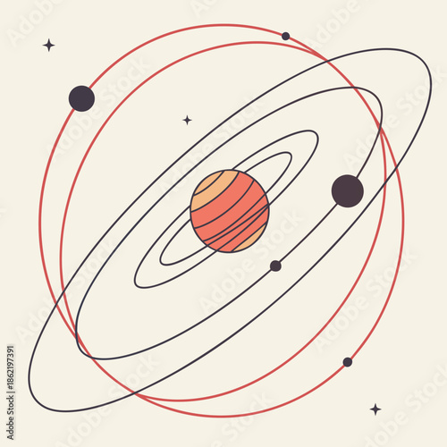 Orbital map with different colored rings around celestial body