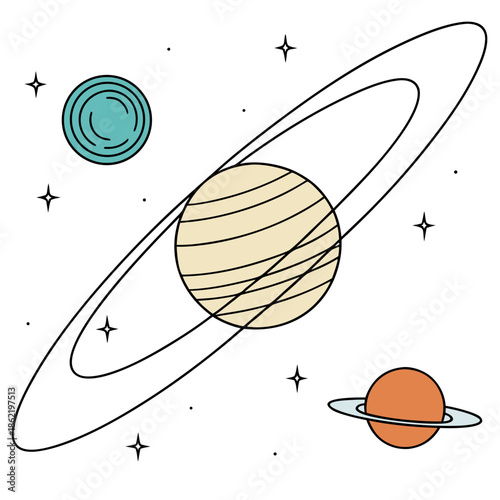 Three planets with rings in space stars cartoon