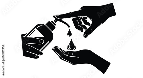 Black silhouette of hands using liquid soap from a pump bottle with drops falling, representing daily hygiene and sanitization.