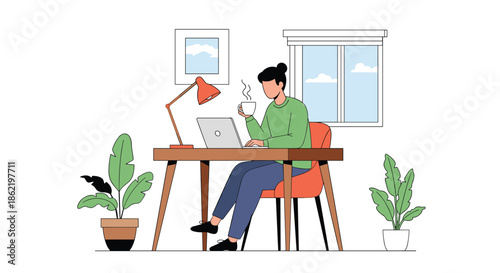 Young woman working on a laptop at a desk with plants and a hot beverage in a cozy home office setting for remote work concepts.