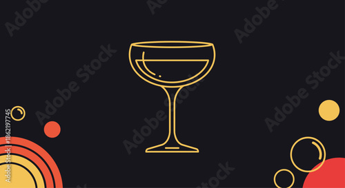 Stylish illustration of a cocktail glass with bubbly drink over a dark background with orange and yellow abstract circles.