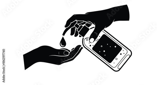 Silhouette of hands using a pump dispenser bottle for liquid soap or sanitizer to promote hygiene and health awareness.