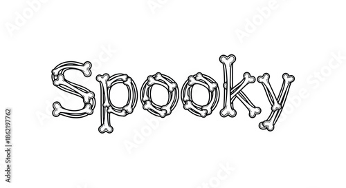 Line art typography of the word spooky created with human bones for halloween themed designs and gothic decorations.