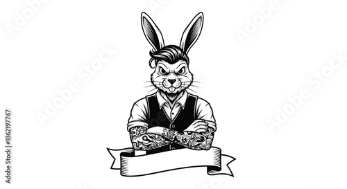 Detailed black and white emblem of a stylish rabbit with tattoos and a vest for barber shop and apparel branding.