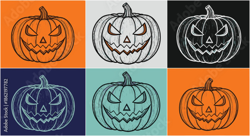Grid of six jack-o-lantern pumpkins in different pop art colors for vibrant halloween posters and social media graphics.