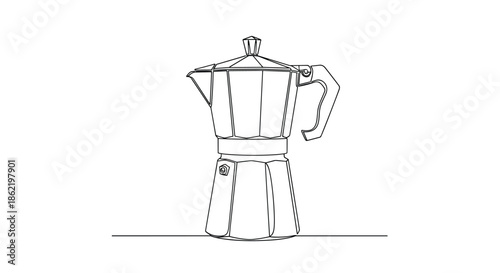 Classic and elegant continuous line art drawing of a moka pot espresso maker isolated on a plain white background.
