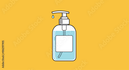 Hand sanitizer pump bottle with a blue liquid drop on a bright yellow background represents hygiene and disinfection for health protection.