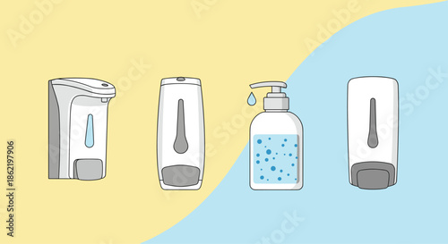 Collection of four different soap and sanitizer dispensers icons displayed on a split yellow and blue background.