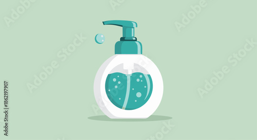 Minimalist flat design illustration of a round liquid soap or hand sanitizer pump bottle on a green background.