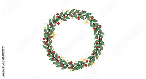 Christmas wreath made of green leaves and red berries decorated with gold stars and dots on a white background for holiday celebration.
